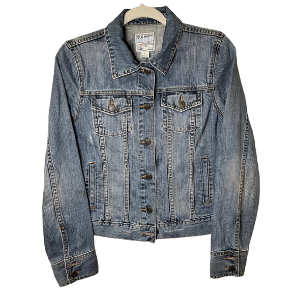 OLD NAVY BRAND Retro Gazelle Embroidered Patch Distressed Denim Jean Jacket - Picture 5 of 14